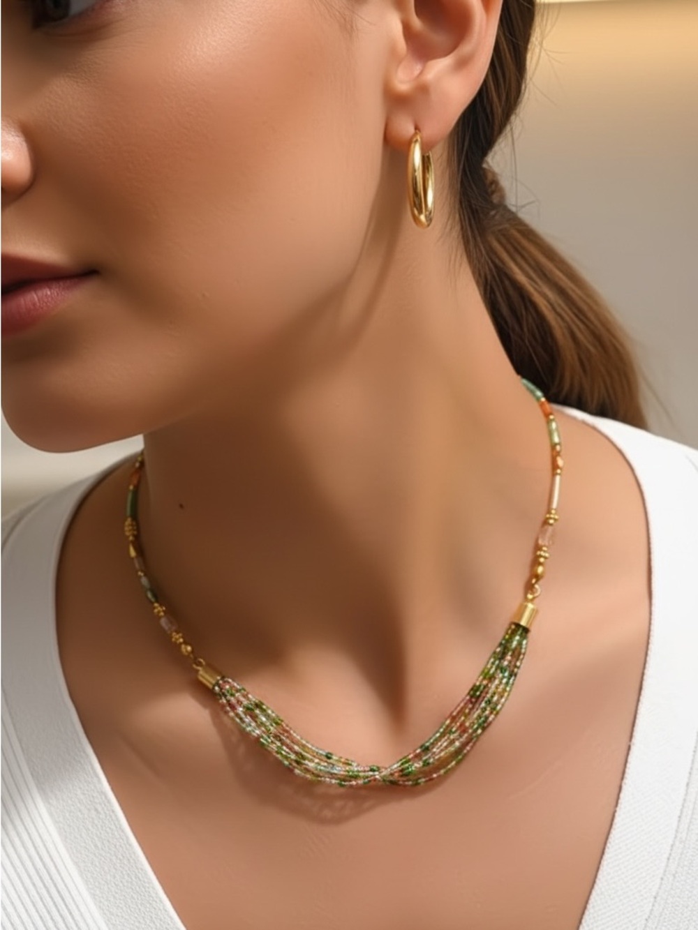 Gold Plated Multi-Strand Multicoloured Beaded Necklace. New.